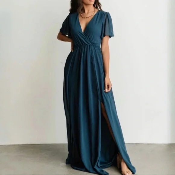 sachin and babi light blue dress Flowy Chiffon Maxi Dress with Blue and Lavender Floral Print and Ruffl –  R&M Richards main image 0